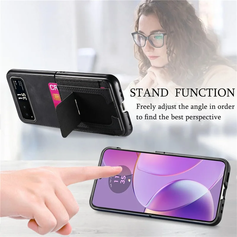 For Motorola Razr 40 5G Case Kickstand Retro Leather Back Cover with Card Holder - Black