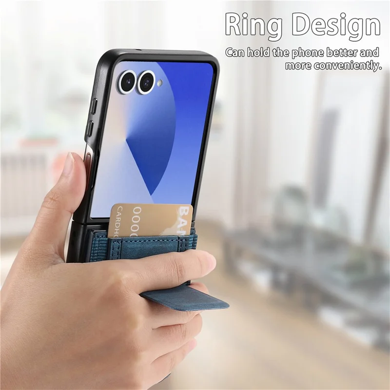 For Samsung Galaxy Z Flip7 5G Case Kickstand Retro Leather Back Cover with Card Holder - Blue