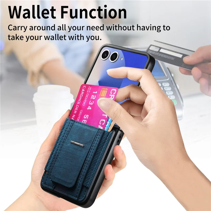 For Samsung Galaxy Z Flip7 5G Case Kickstand Retro Leather Back Cover with Card Holder - Blue