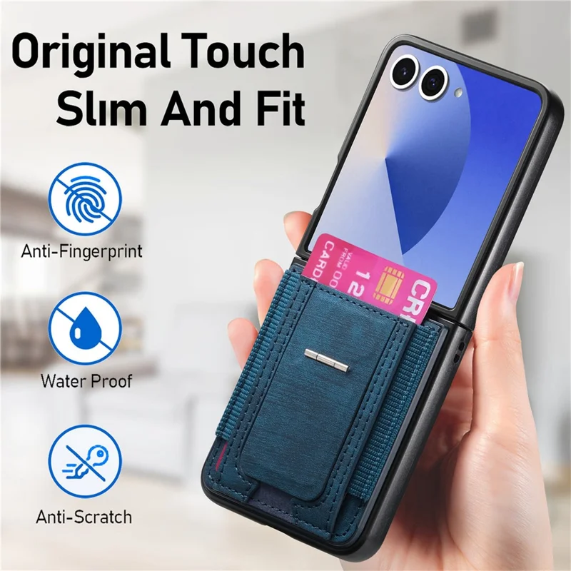 For Samsung Galaxy Z Flip7 5G Case Kickstand Retro Leather Back Cover with Card Holder - Blue