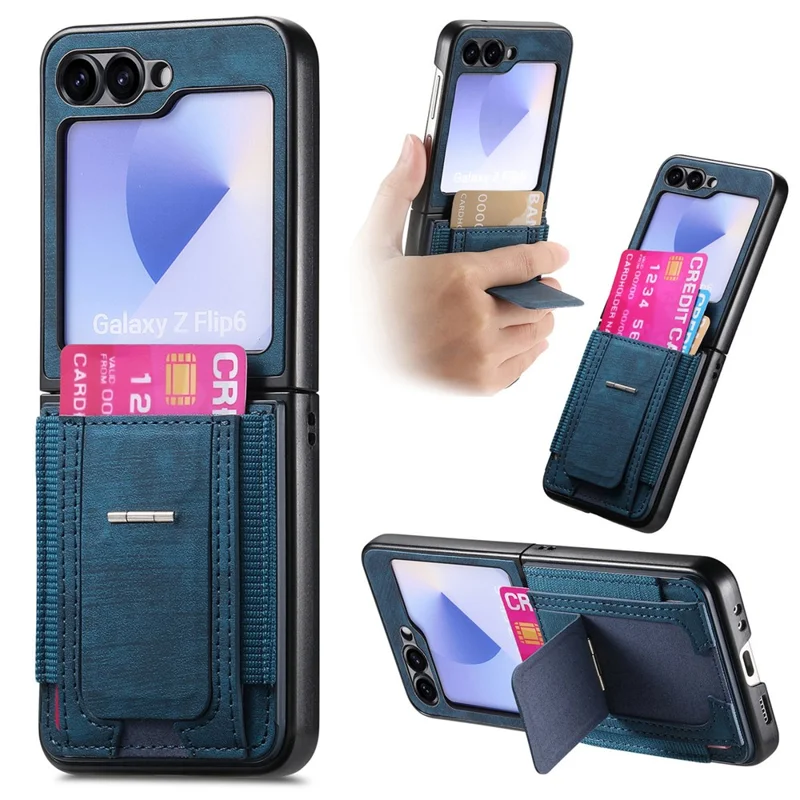 Capa para Samsung Galaxy Z Flip5 5G com Suporte, Couro Retrô com Porta-cartões - Azul