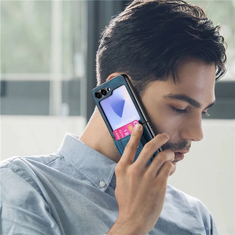 Capa para Samsung Galaxy Z Flip5 5G com Suporte, Couro Retrô com Porta-cartões - Azul