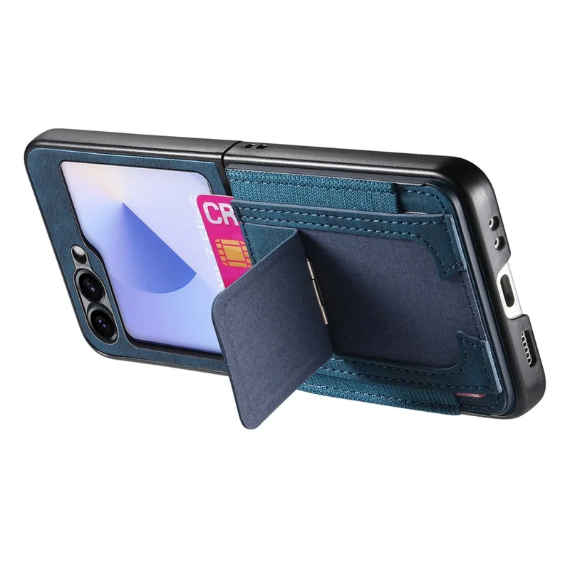Capa para Samsung Galaxy Z Flip5 5G com Suporte, Couro Retrô com Porta-cartões - Azul
