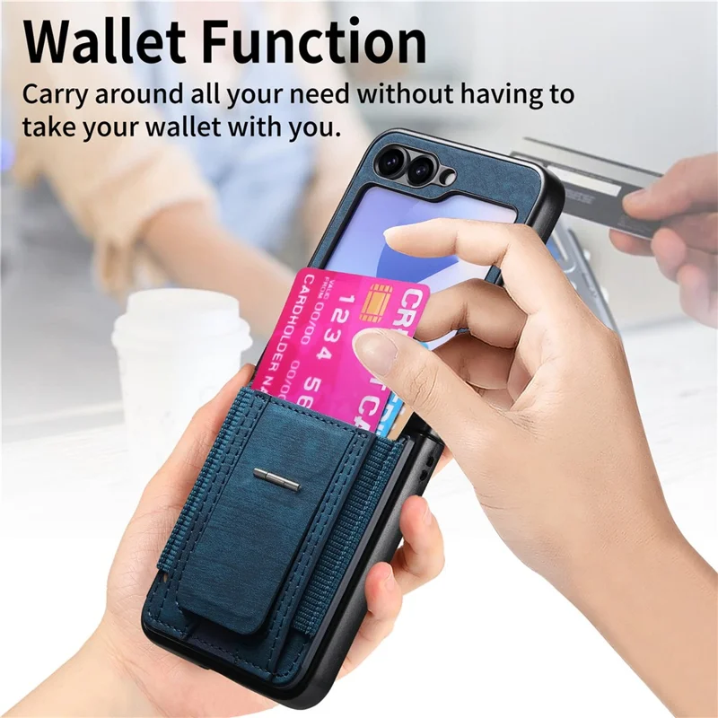 Capa para Samsung Galaxy Z Flip5 5G com Suporte, Couro Retrô com Porta-cartões - Azul