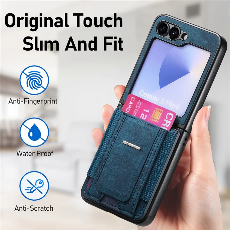 Capa para Samsung Galaxy Z Flip5 5G com Suporte, Couro Retrô com Porta-cartões - Azul