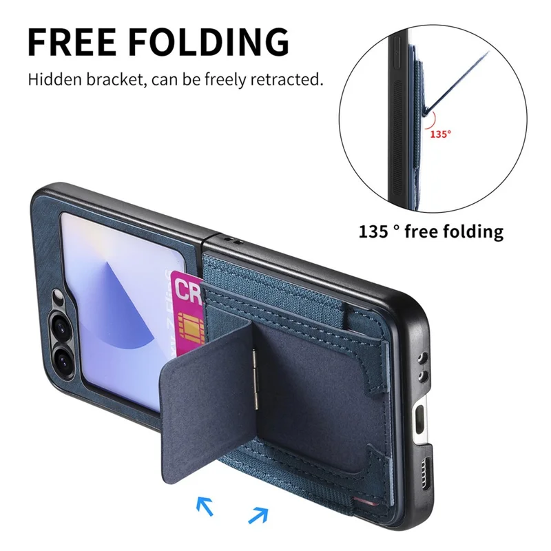 Für Samsung Galaxy Z Flip6 5G Hülle mit Ständer Retro-Leder Rückseite mit Kartenhalter - Blau