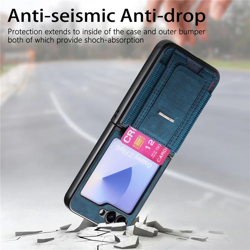 Für Samsung Galaxy Z Flip6 5G Hülle mit Ständer Retro-Leder Rückseite mit Kartenhalter - Blau