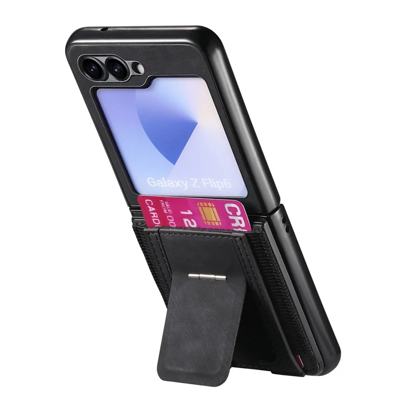 For Samsung Galaxy Z Flip7 FE 5G / Z Flip6 5G Case Kickstand Retro Leather Back Cover with Card Holder - Black
