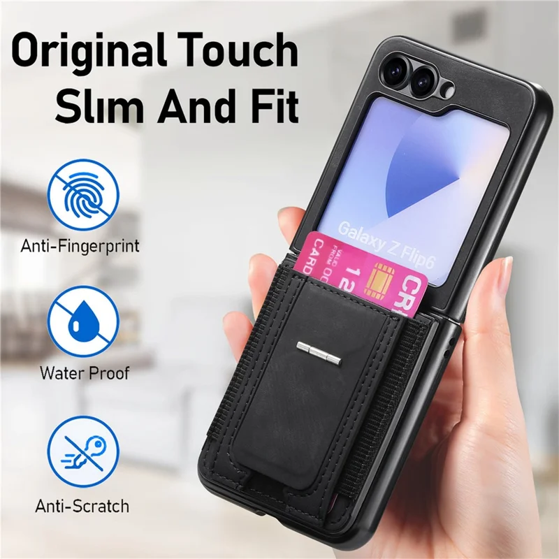 For Samsung Galaxy Z Flip7 FE 5G / Z Flip6 5G Case Kickstand Retro Leather Back Cover with Card Holder - Black