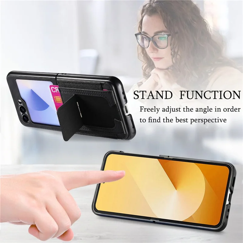 For Samsung Galaxy Z Flip7 FE 5G / Z Flip6 5G Case Kickstand Retro Leather Back Cover with Card Holder - Black