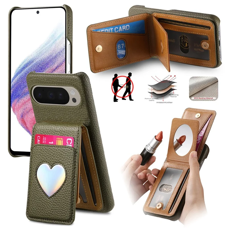 For Google Pixel 10 Pro XL  /  9 Pro XL Case with Mirror Card Holder RFID Blocking Litchi Texture PU PC Phone Back Cover - Midnight Green