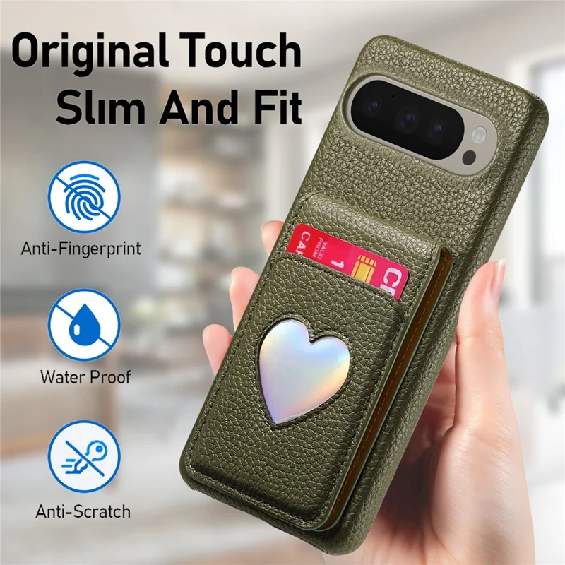 For Google Pixel 10 Pro XL  /  9 Pro XL Case with Mirror Card Holder RFID Blocking Litchi Texture PU PC Phone Back Cover - Midnight Green