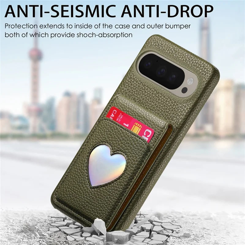 For Google Pixel 10 Pro XL  /  9 Pro XL Case with Mirror Card Holder RFID Blocking Litchi Texture PU PC Phone Back Cover - Midnight Green