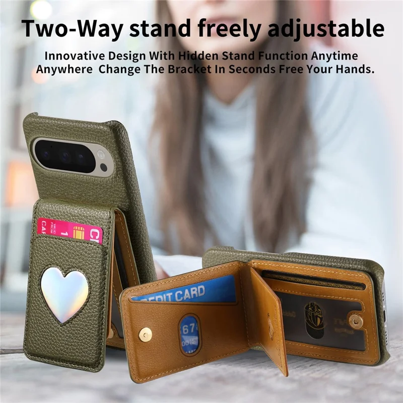 For Google Pixel 10 Pro XL  /  9 Pro XL Case with Mirror Card Holder RFID Blocking Litchi Texture PU PC Phone Back Cover - Midnight Green