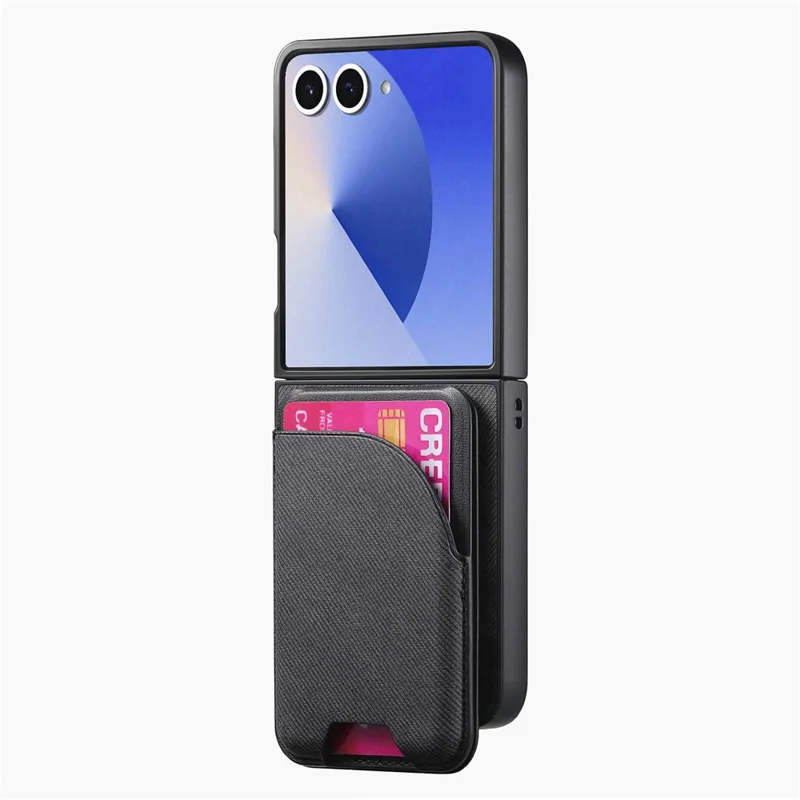 For Samsung Galaxy Z Flip7 5G Magnetic Case Kickstand Denim Texture Leather Back Cover with Detachable Card Bag - Black