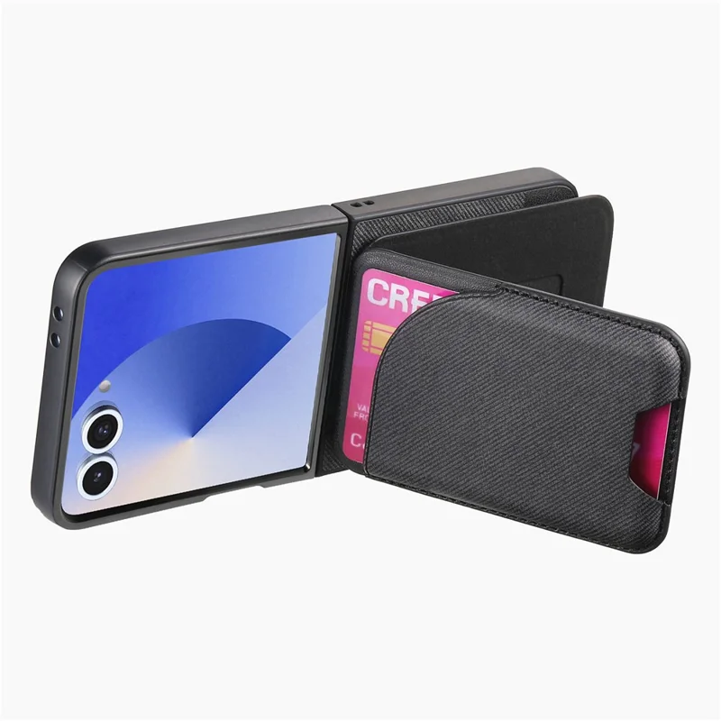 For Samsung Galaxy Z Flip7 5G Magnetic Case Kickstand Denim Texture Leather Back Cover with Detachable Card Bag - Black