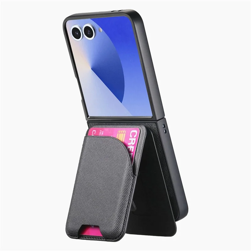 For Samsung Galaxy Z Flip7 5G Magnetic Case Kickstand Denim Texture Leather Back Cover with Detachable Card Bag - Black