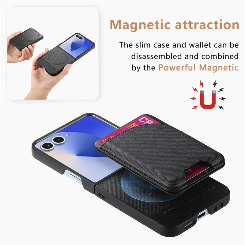 For Samsung Galaxy Z Flip7 5G Magnetic Case Kickstand Denim Texture Leather Back Cover with Detachable Card Bag - Black