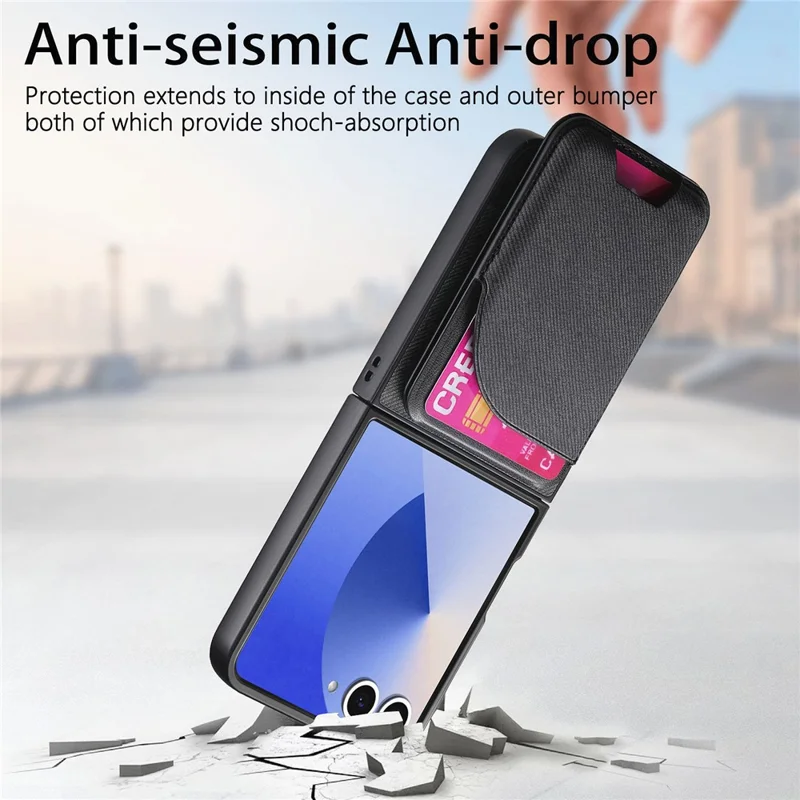 For Samsung Galaxy Z Flip7 5G Magnetic Case Kickstand Denim Texture Leather Back Cover with Detachable Card Bag - Black
