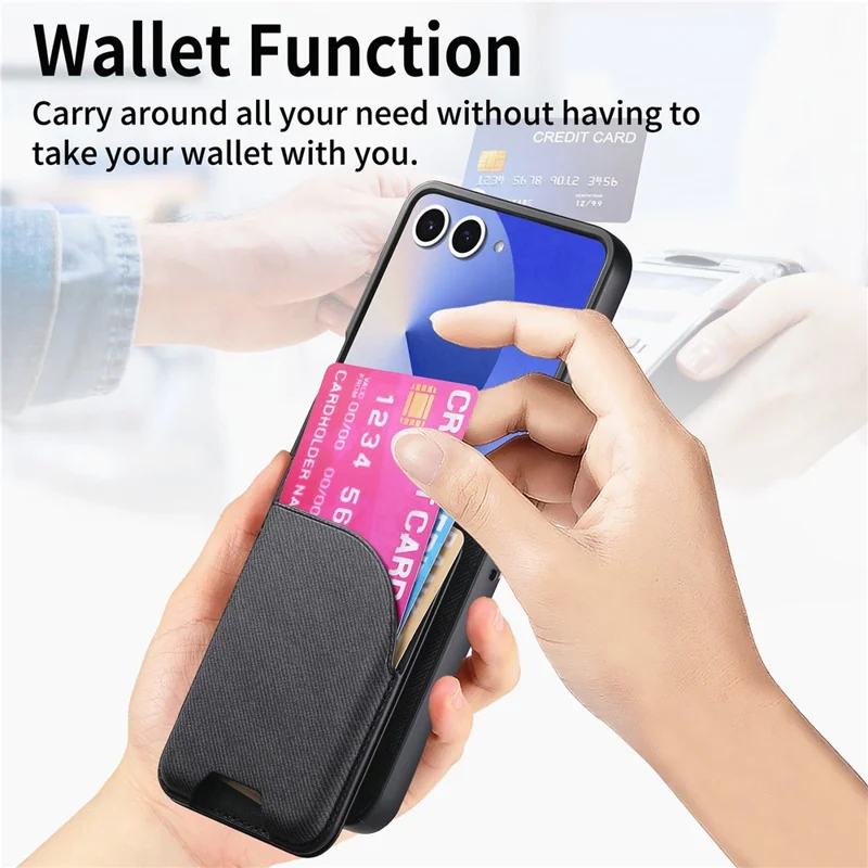For Samsung Galaxy Z Flip7 5G Magnetic Case Kickstand Denim Texture Leather Back Cover with Detachable Card Bag - Black