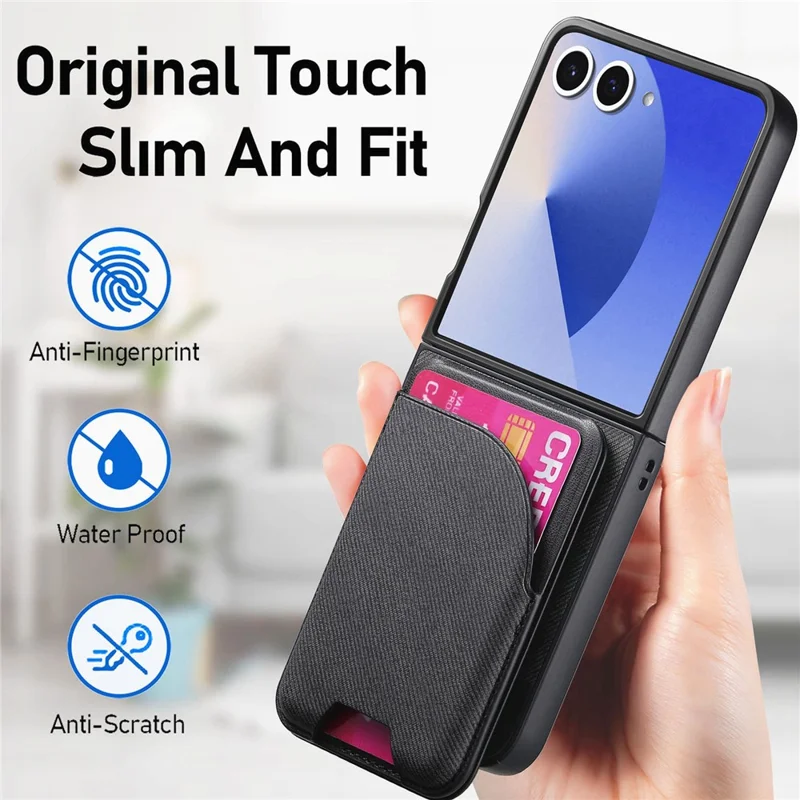 For Samsung Galaxy Z Flip7 5G Magnetic Case Kickstand Denim Texture Leather Back Cover with Detachable Card Bag - Black