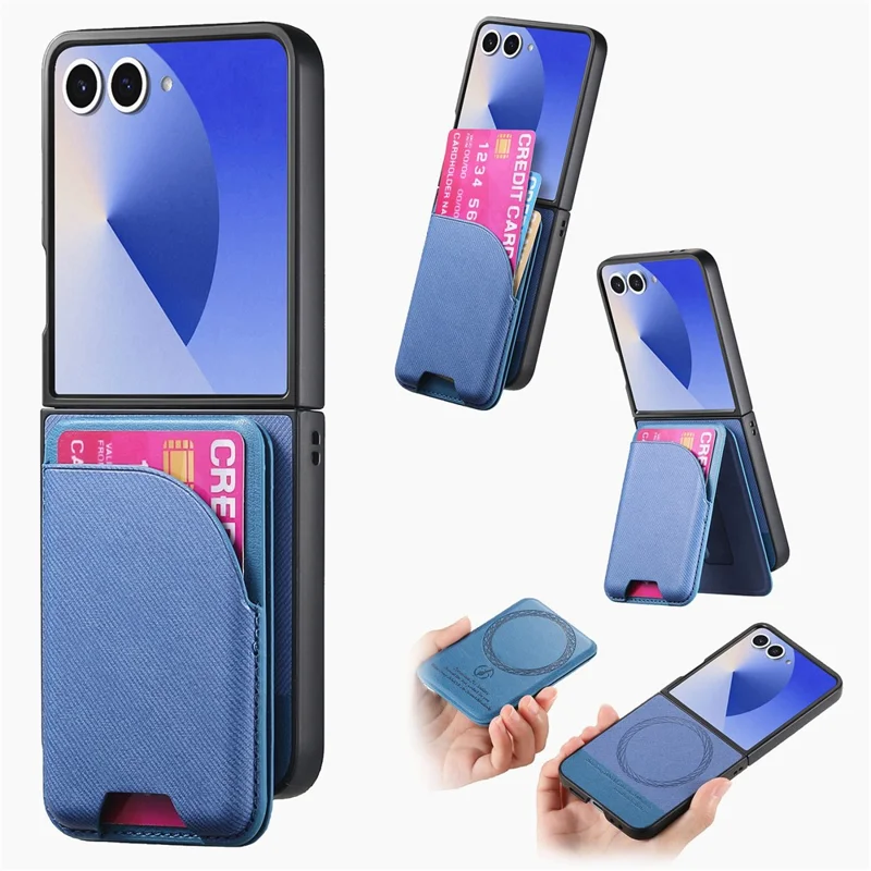 For Samsung Galaxy Z Flip7 5G Magnetic Case Kickstand Denim Texture Leather Back Cover with Detachable Card Bag - Blue