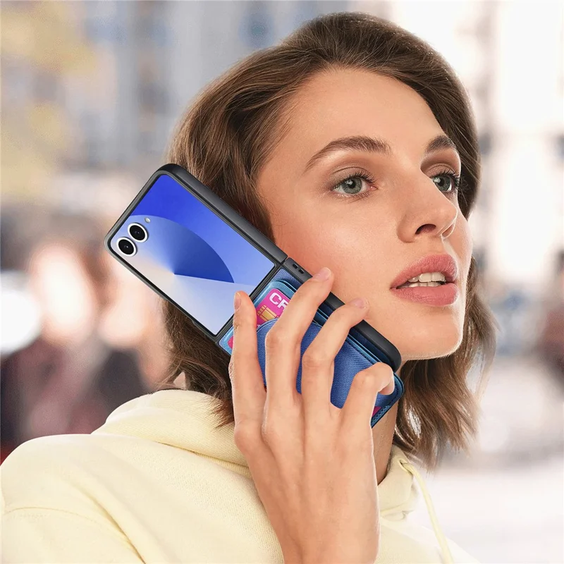 For Samsung Galaxy Z Flip7 5G Magnetic Case Kickstand Denim Texture Leather Back Cover with Detachable Card Bag - Blue
