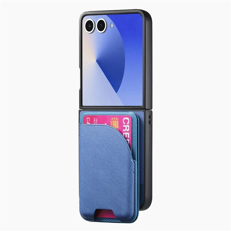 For Samsung Galaxy Z Flip7 5G Magnetic Case Kickstand Denim Texture Leather Back Cover with Detachable Card Bag - Blue