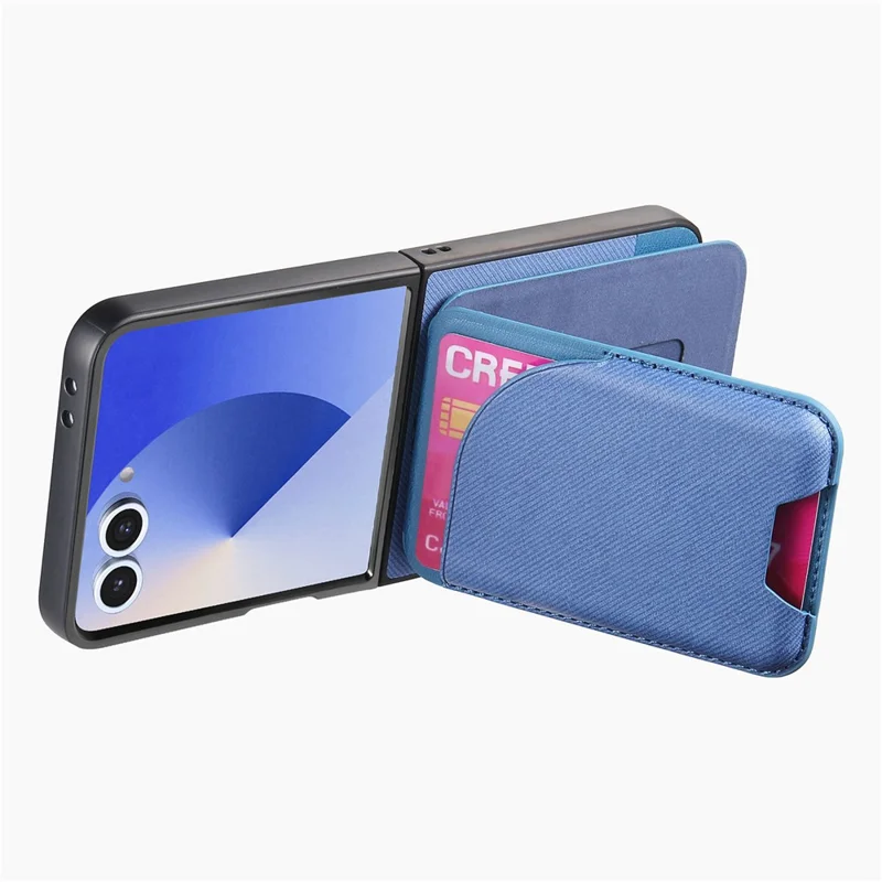 For Samsung Galaxy Z Flip7 5G Magnetic Case Kickstand Denim Texture Leather Back Cover with Detachable Card Bag - Blue