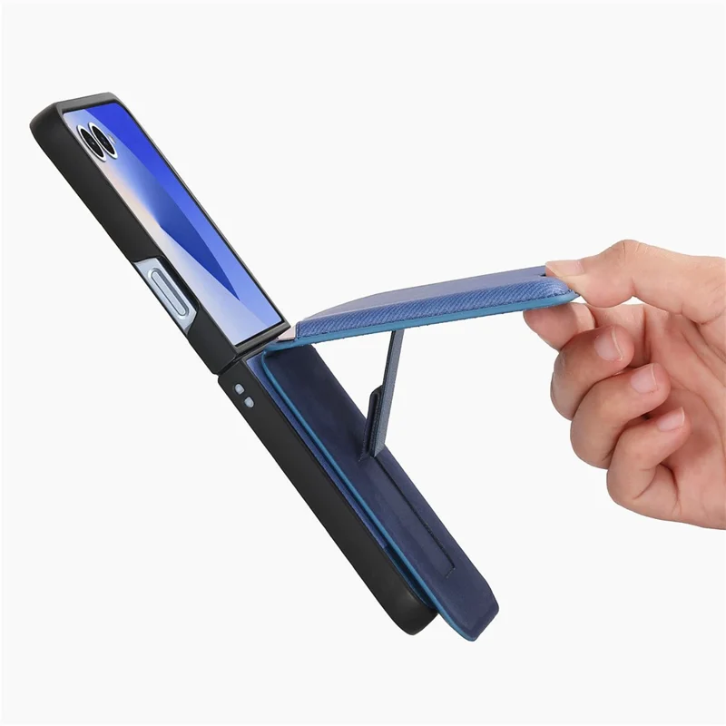 For Samsung Galaxy Z Flip7 5G Magnetic Case Kickstand Denim Texture Leather Back Cover with Detachable Card Bag - Blue