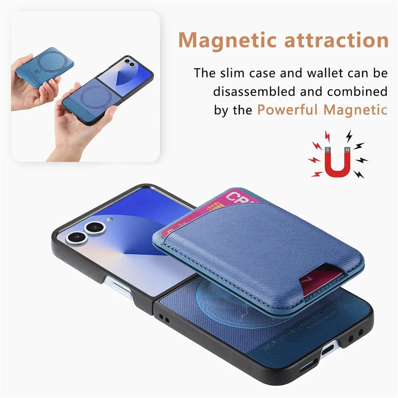 For Samsung Galaxy Z Flip7 5G Magnetic Case Kickstand Denim Texture Leather Back Cover with Detachable Card Bag - Blue