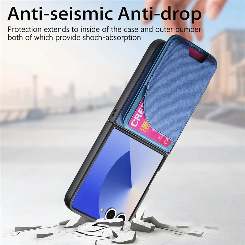 For Samsung Galaxy Z Flip7 5G Magnetic Case Kickstand Denim Texture Leather Back Cover with Detachable Card Bag - Blue