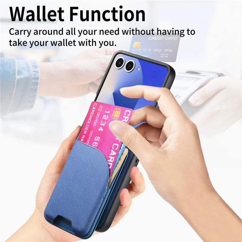 For Samsung Galaxy Z Flip7 5G Magnetic Case Kickstand Denim Texture Leather Back Cover with Detachable Card Bag - Blue
