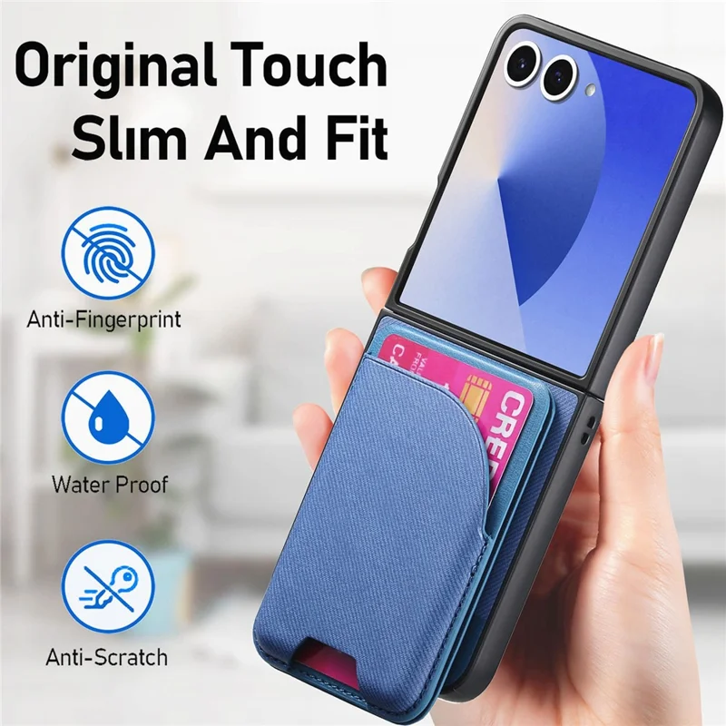 For Samsung Galaxy Z Flip7 5G Magnetic Case Kickstand Denim Texture Leather Back Cover with Detachable Card Bag - Blue