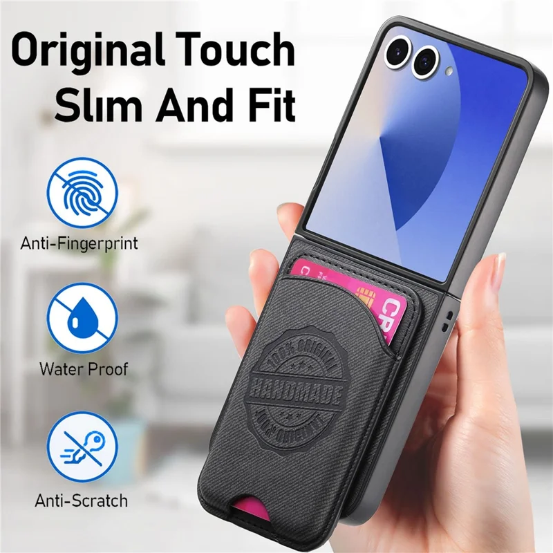 Cover per Samsung Galaxy Z Flip7 5G con Porta Carte Compatibile con MagSafe, Texture in Denim, Custodia in Pelle - Nero