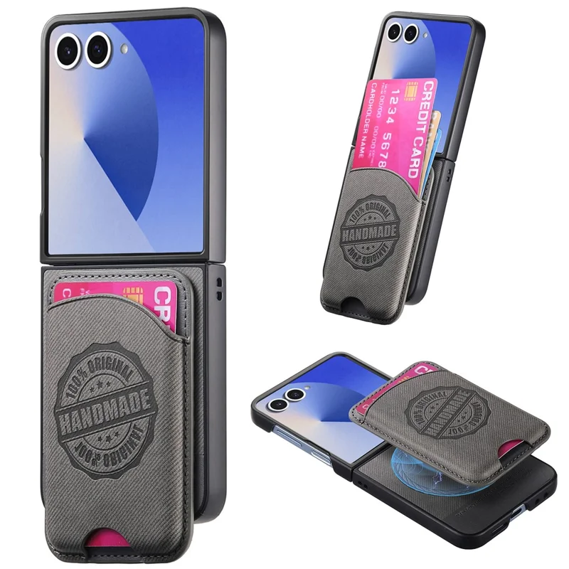 For Samsung Galaxy Z Flip7 5G Case with Card Bag Magnetic Case Denim Texture Leather Back Cover - Grey