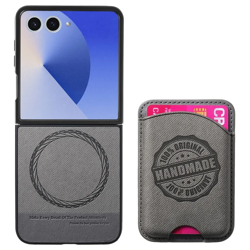 For Samsung Galaxy Z Flip7 5G Case with Card Bag Magnetic Case Denim Texture Leather Back Cover - Grey