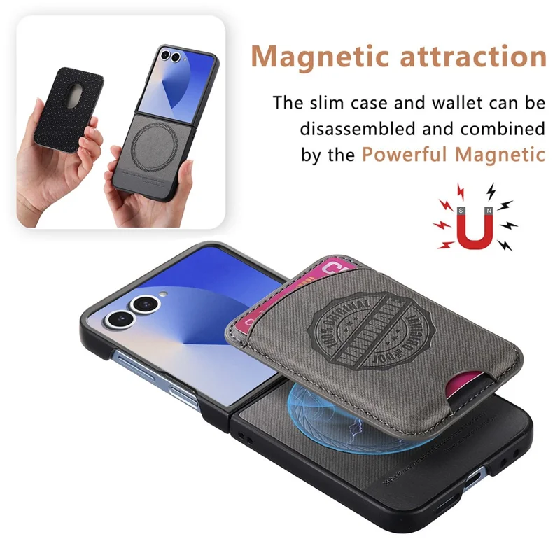 For Samsung Galaxy Z Flip7 5G Case with Card Bag Magnetic Case Denim Texture Leather Back Cover - Grey