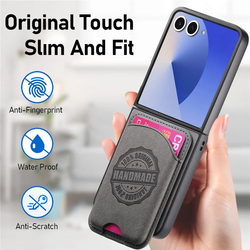 For Samsung Galaxy Z Flip7 5G Case with Card Bag Magnetic Case Denim Texture Leather Back Cover - Grey