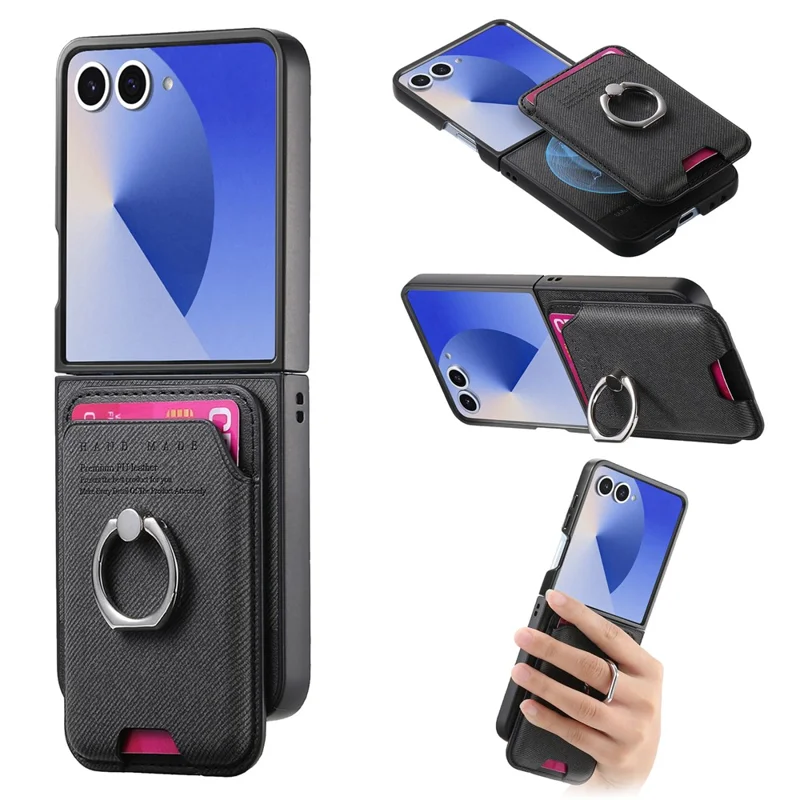 For Samsung Galaxy Z Flip7 5G Case Compatible with MagSafe Twill Texture Leather Back Cover with Card Bag - Black