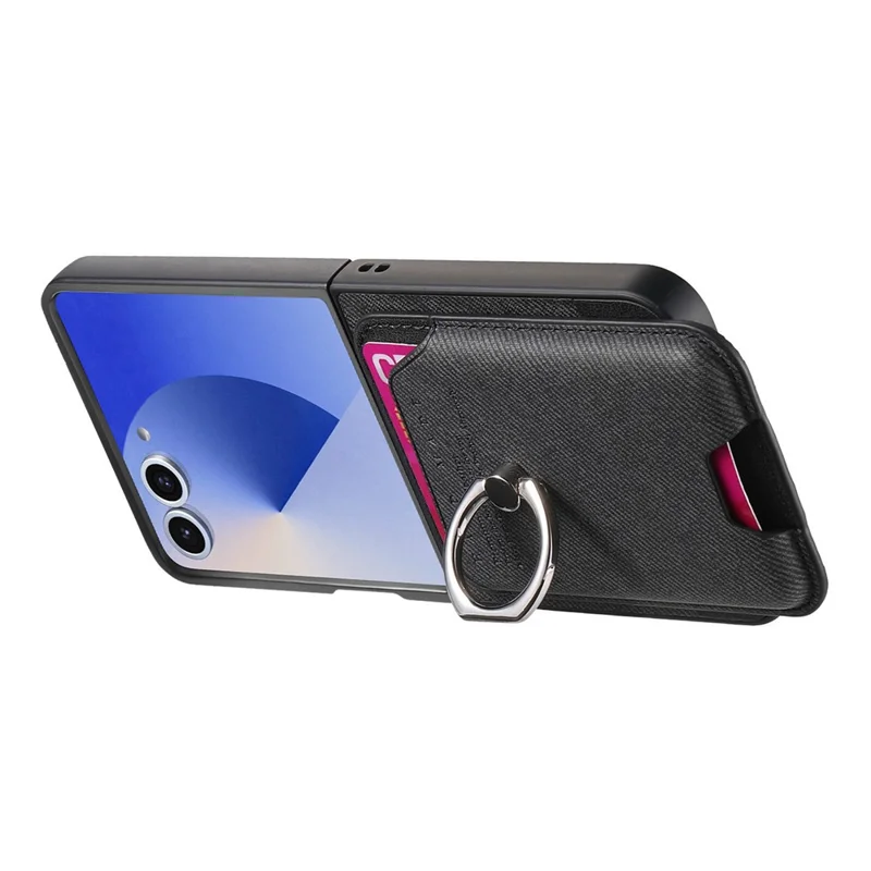 For Samsung Galaxy Z Flip7 5G Case Compatible with MagSafe Twill Texture Leather Back Cover with Card Bag - Black