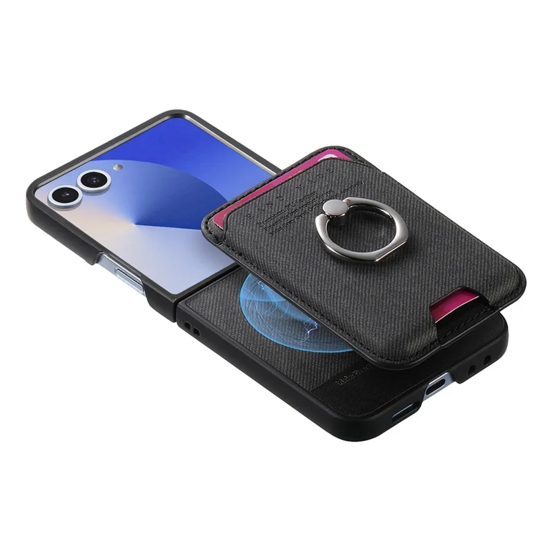 For Samsung Galaxy Z Flip7 5G Case Compatible with MagSafe Twill Texture Leather Back Cover with Card Bag - Black