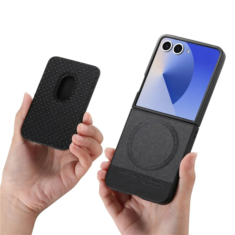 For Samsung Galaxy Z Flip7 5G Case Compatible with MagSafe Twill Texture Leather Back Cover with Card Bag - Black