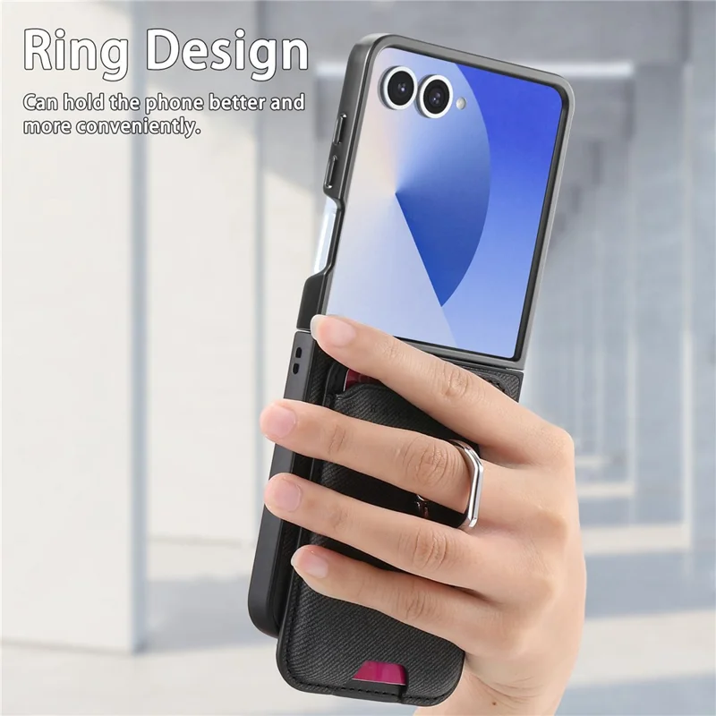 For Samsung Galaxy Z Flip7 5G Case Compatible with MagSafe Twill Texture Leather Back Cover with Card Bag - Black