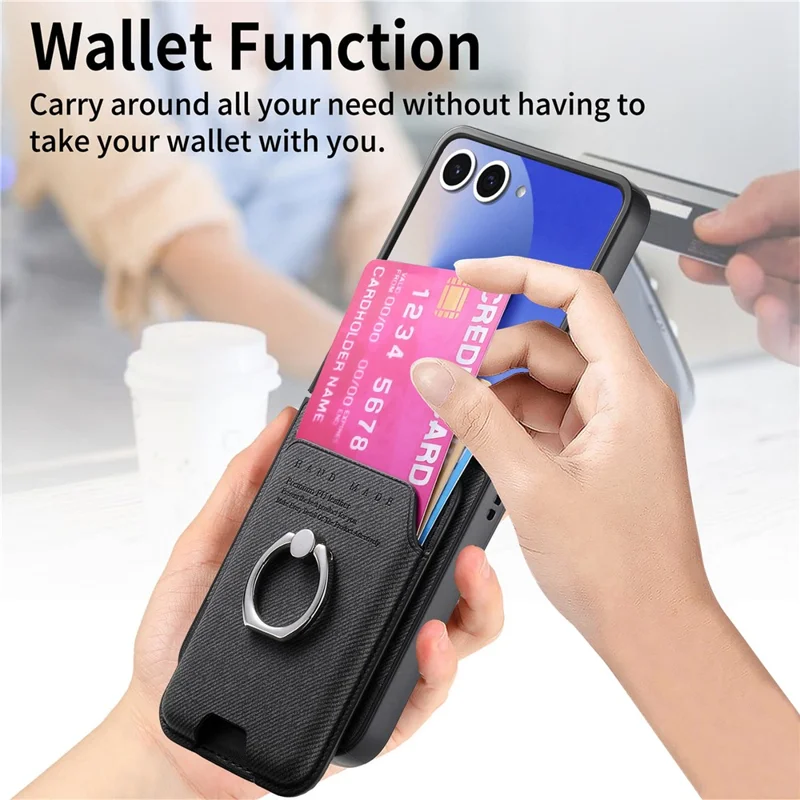 For Samsung Galaxy Z Flip7 5G Case Compatible with MagSafe Twill Texture Leather Back Cover with Card Bag - Black