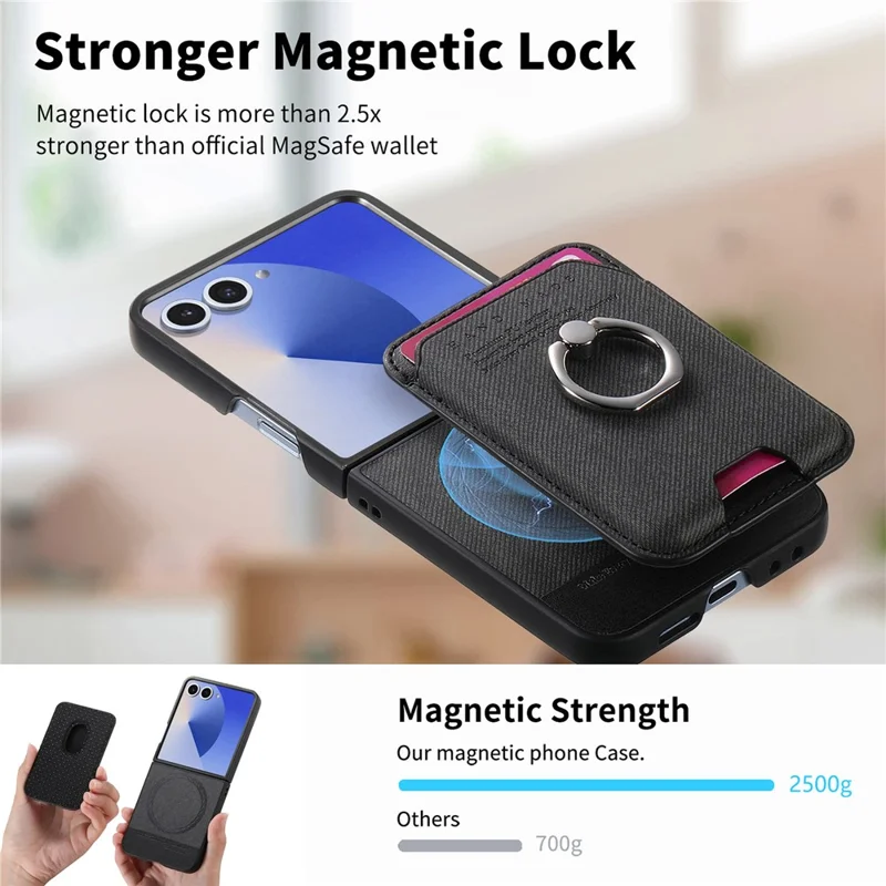 For Samsung Galaxy Z Flip7 5G Case Compatible with MagSafe Twill Texture Leather Back Cover with Card Bag - Black