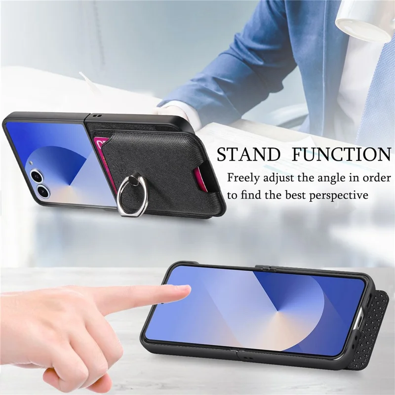 For Samsung Galaxy Z Flip7 5G Case Compatible with MagSafe Twill Texture Leather Back Cover with Card Bag - Black