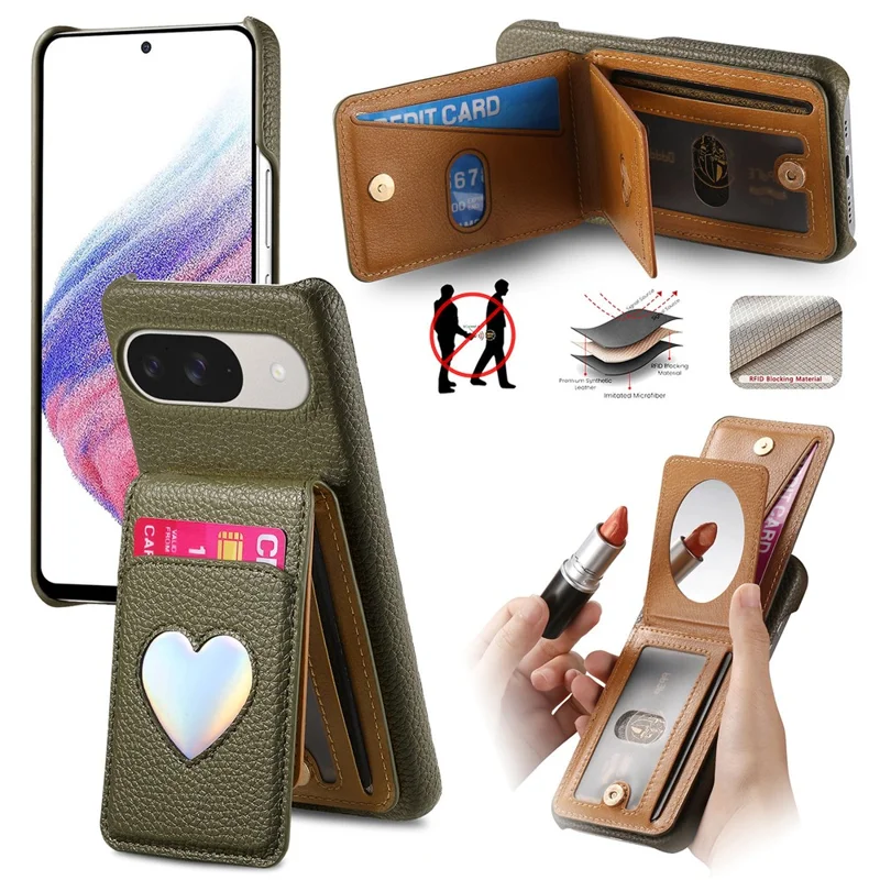 Case with Mirror Card Holder For Google Pixel 10 Pro  /  10  /  9 Pro  /  9 RFID Blocking Litchi Texture PU PC Phone Back Cover - Midnight Green