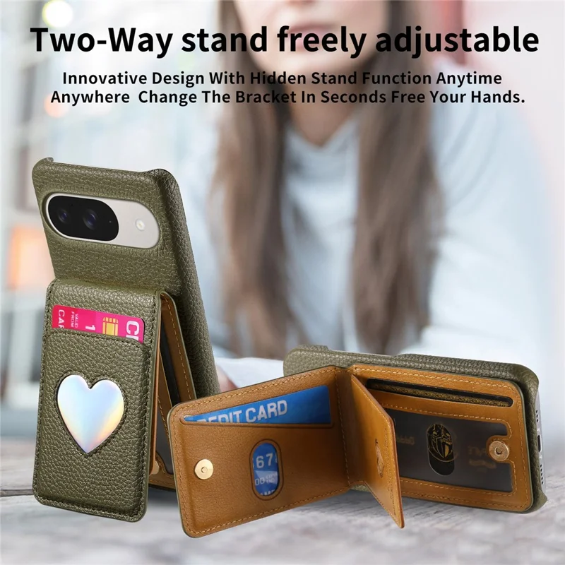Case with Mirror Card Holder For Google Pixel 10 Pro  /  10  /  9 Pro  /  9 RFID Blocking Litchi Texture PU PC Phone Back Cover - Midnight Green