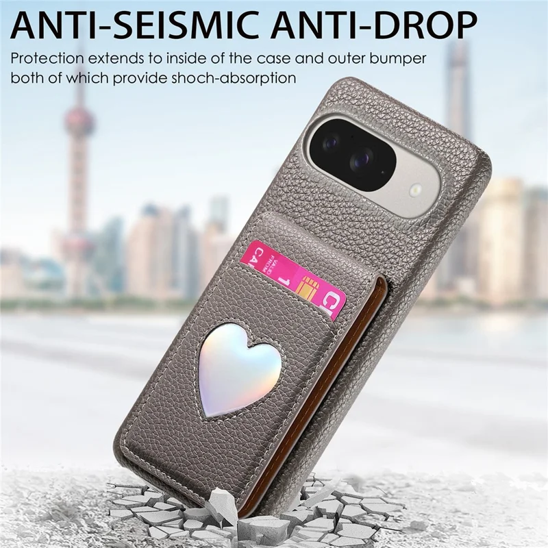 Case with Mirror Card Holder For Google Pixel 10 Pro  /  10  /  9 Pro  /  9 RFID Blocking Litchi Texture PU PC Phone Back Cover - Grey